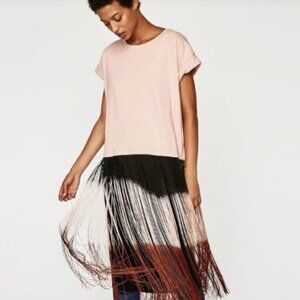 NEW NWT Zara Tee Shirt Dress Long Ombre Fringe Tunic M